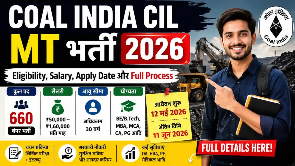 Coal India CIL MT Bharti 2026: Eligibility, Salary, Apply Date और Full Process