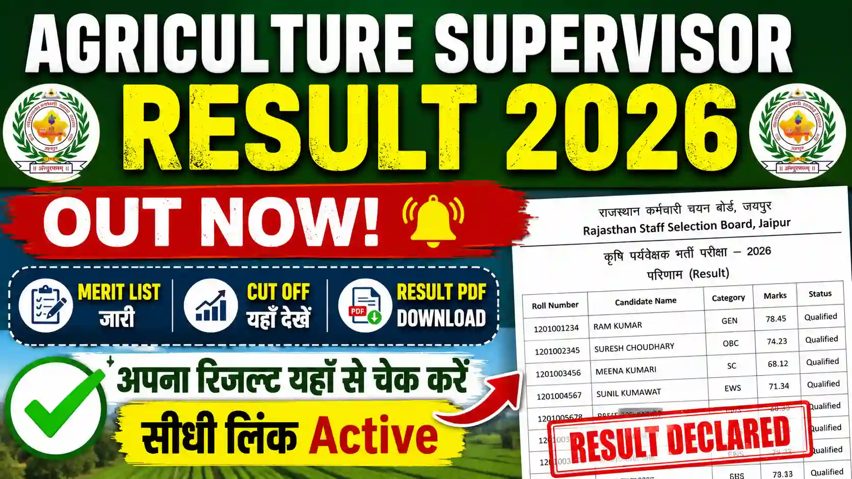 Agriculture Supervisor Result 2026: Merit List, Cut Off & Result PDF Download