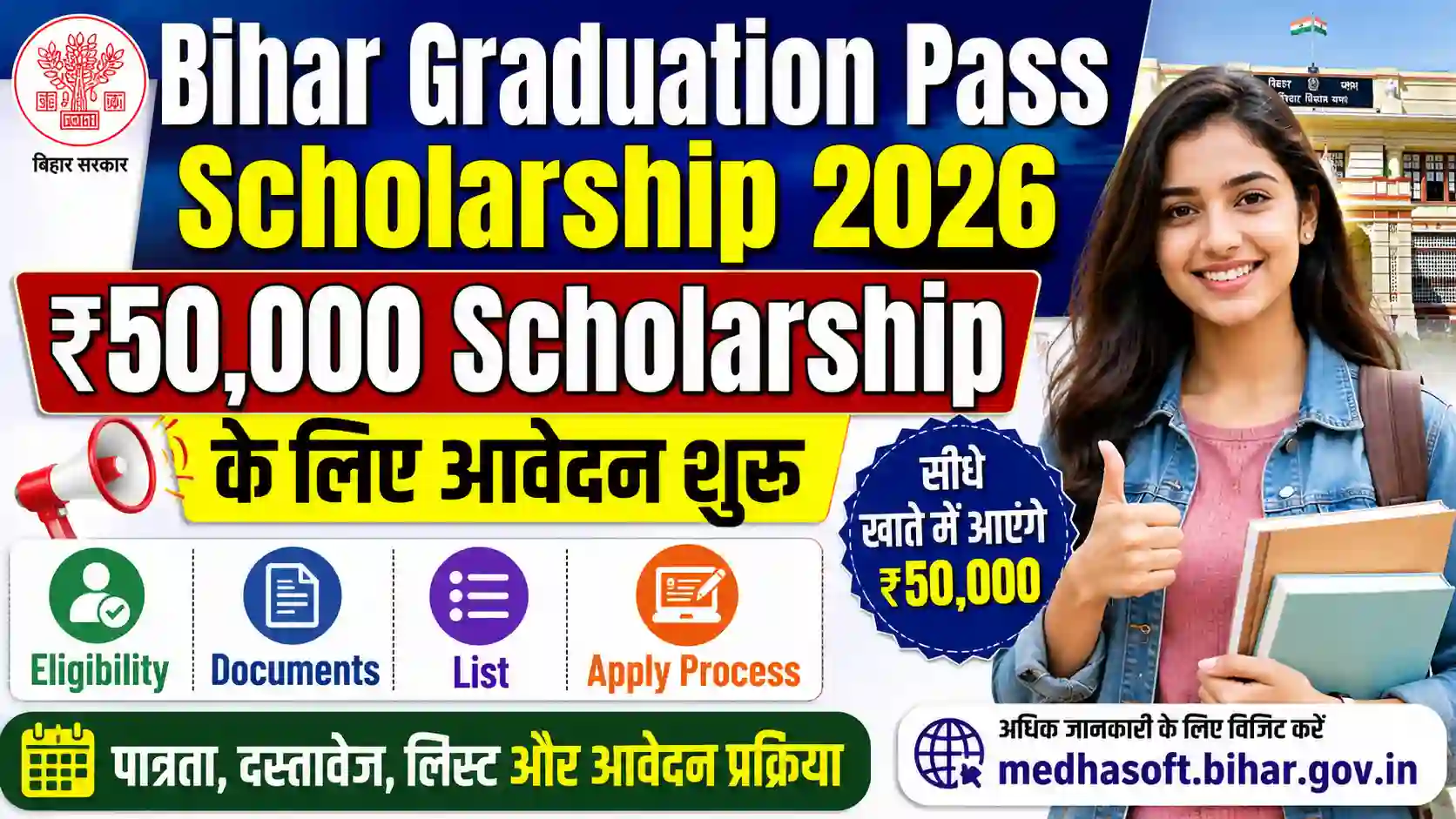 Bihar Graduation Pass Scholarship 2026: ₹50,000 Scholarship के लिए आवेदन शुरू, देखें Eligibility, Documents, List और Apply Process
