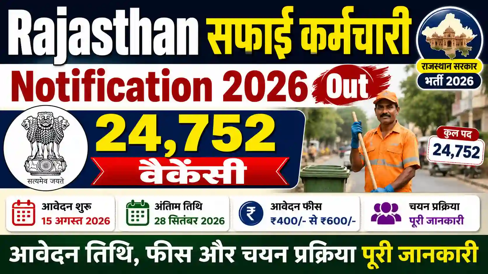 Rajasthan Safai Karmchari Notification 2026 Out: 24,752 वैकेंसी, आवेदन तिथि, फीस और चयन प्रक्रिया पूरी जानकारी