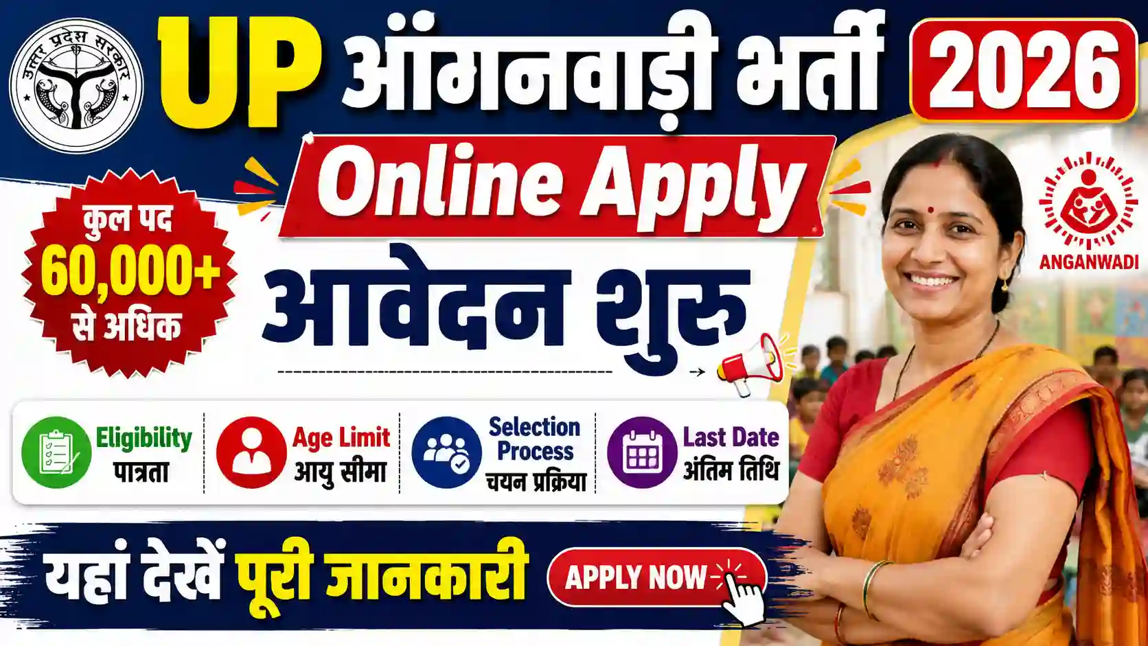UP Anganwadi Bharti 2026 Online Apply: आवेदन शुरू, जानें Eligibility, Age Limit, Selection Process और Last Date