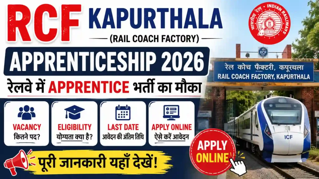 RCF Kapurthala Apprenticeship 2026: रेलवे में Apprentice भर्ती का मौका, जानें Vacancy, Eligibility, Last Date और Apply Online